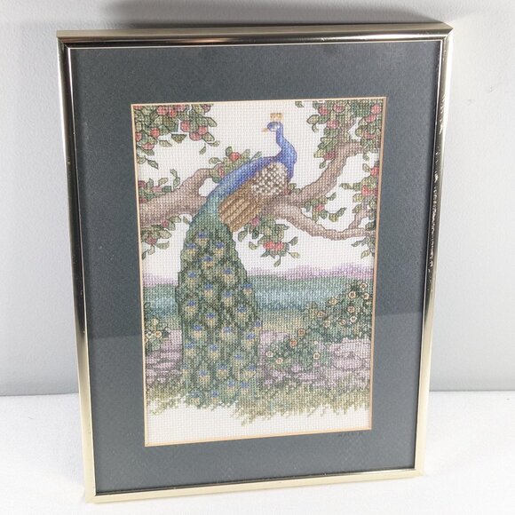 Vintage cross stitch wall art peacock in apple tree framed and behind glass, - Picture 1 of 10